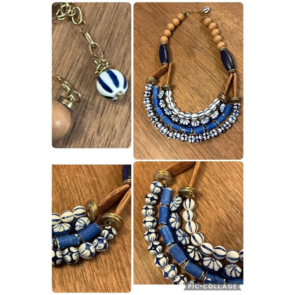 Anthropologie Statement Necklace Blue And White Ceramic And Wooden Beads - Picture 2 of 6